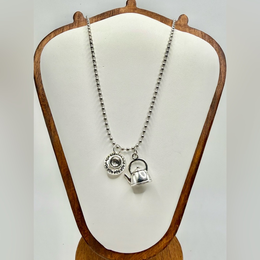 Silver Teapot Charm Necklace Tea Cup Pendant Whimsical